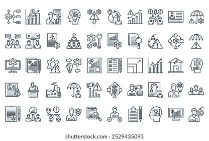 50 pacote de ícones de gerenciamento de emergência linear. avaliação de linha fina vetor, margem, feedback, estratégico, incidente, migração, ícones de crise adequados para projetos de iu de aplicativos e sites.