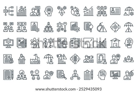 50 linear emergency management icon pack. vector thin line assessment, margin, feedback, strategic, incident, migration, crisis icons suitable for apps and websites ui designs.