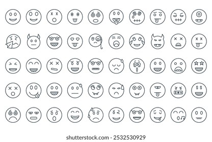 50 ícone de emoji linear pack. vetor linha fina triste, sorriso, tonto, língua para fora, implorando, língua para fora, para cima ícones adequados para aplicativos e sites projetos de ui.