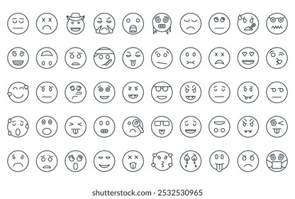 50 emoji linear ícone pack. vetor linha fina óculos de sol, triste, cowboy, vapor, gritando, frio, ícones tristes adequado para aplicativos e sites projetos de iu.