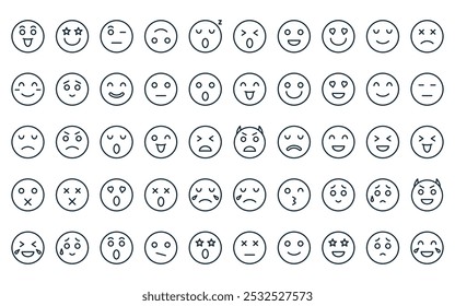 50 linear emoticon icon pack. vector thin line demon, impressed, curious, upside down, sleep, scream, happy face icons suitable for apps and websites ui designs.