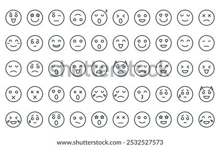 50 linear emoticon icon pack. vector thin line demon, impressed, curious, upside down, sleep, scream, happy face icons suitable for apps and websites ui designs.