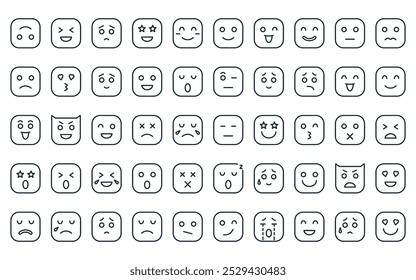 50 emoticons lineares ícone pack. vetor linha fina infeliz, rir, triste, impressionado, feliz, feliz, ícones felizes adequados para aplicativos e sites projetos de iu.