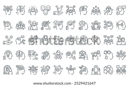 50 linear emotional intelligence icon pack. vector thin line emotions, decision making, self confidence, expression, helping hand, team work, de icons suitable for apps and websites ui designs.