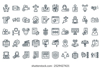 50 linear entertainment management icon pack. vector thin line live streaming, sales, film production, talent, production, scheduling, engineering icons suitable for apps and websites ui designs.