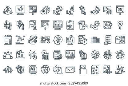 50 linear entrepreneurship icon pack. vector thin line video, advertising, report, product, solution, invesment, mobile development icons suitable for apps and websites ui designs.