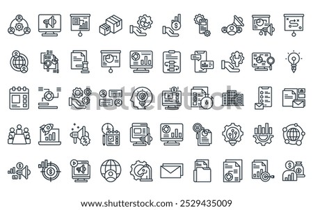 50 linear entrepreneurship icon pack. vector thin line video, advertising, report, product, solution, invesment, mobile development icons suitable for apps and websites ui designs.