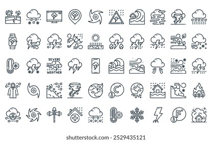 50 linear extreme weather icon pack. vector thin line storm surge, freezing rain, weather news, location, tropical storm, warning, tsunami icons suitable for apps and websites ui designs.