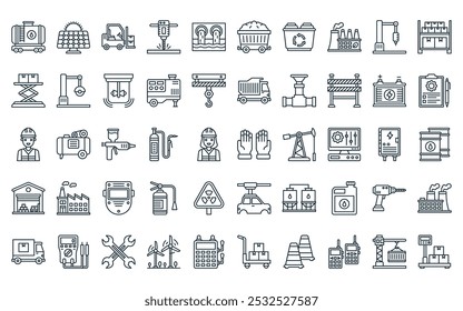 Guantes de línea delgada de Vector, panel solar, carretilla elevadora, taladro, alcantarillado, carbón, iconos de residuos adecuados para App y Sitios web.