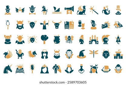 50 linear fairy tale icon pack. vector thin line cthulhu, valkyrie, caribbean, curupira, shipwreck, fanfare, griffin icons suitable for apps and websites ui designs.