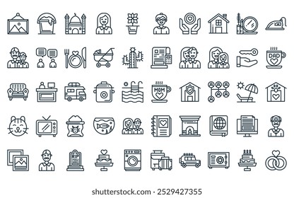 50 linear family life icon pack. vector thin line mug, cleaning, mosque, mother, flower pot, grandmother, care icons suitable for apps and websites ui designs.