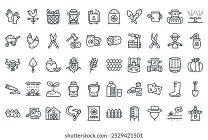 50 linear farming icon pack. vector thin line honeycomb, weather vane, basket, farmer, sprayer, fertilizer, carrots icons suitable for apps and websites ui designs.