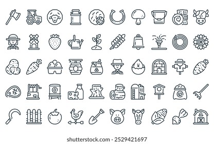 50 linear farming icon pack. vector thin line farmer, tractor, sheep,  , wool ball, horseshoe, mushroom icons suitable for apps and websites ui designs.