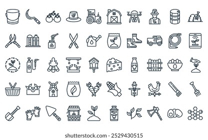 50 linear farming icon pack. vector thin line cheese, sickle, tomato, hat, tractor, barn, drone icons suitable for apps and websites ui designs.