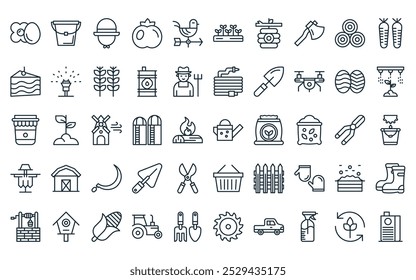 50 linear farming icon pack. vector thin line watering can, bucket, hat, tomato, weather vane, plantation, honeycomb icons suitable for apps and websites ui designs.