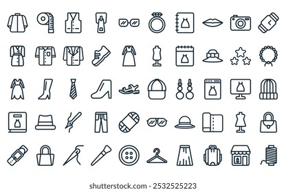 50 lineales fashion icon pack. Vector línea fina sombrero, Regla, chaleco, , gafas, anillo de diamantes, iconos de la ropa adecuados para App y Sitios web ui diseños.