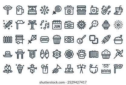 50 linear festa junina icon pack. vector thin line flag, beer, cake, fireworks, lollipop, gift, food stand icons suitable for apps and websites ui designs.