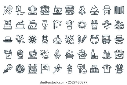 50 lineares festa junina icon pack. vetor linha fina kite, bota, cacto, banca, bebida, cachorro-quente, ícones da fogueira adequados para aplicativos e sites ui designs.