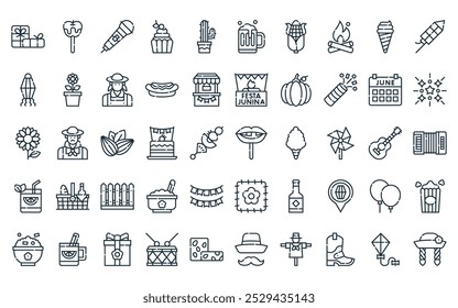 50 linear festa junina icon pack. vector thin line mouth, caramelized, microphone, cupcake, cactus, beer, corn icons suitable for apps and websites ui designs.