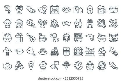 50 linear festa junina icon pack. vector thin line sunflower, mojito, yuca, balloons, calendar, lips, pacoca icons suitable for apps and websites ui designs.