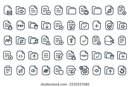 50 linear files and documents icon pack. vector thin line upload file, audio folder, file, approved, file, folder, backup icons suitable for apps and websites ui designs.