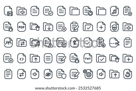 50 linear files and documents icon pack. vector thin line upload file, audio folder, file, approved, file, folder, backup icons suitable for apps and websites ui designs.