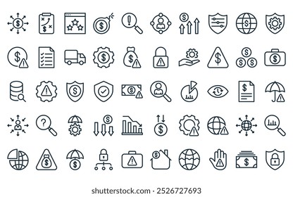 50 linear financial risk icon pack. vector thin line search user, strategy, web rating, bomb, magnifier, connection, bar graph icons suitable for apps and websites ui designs.