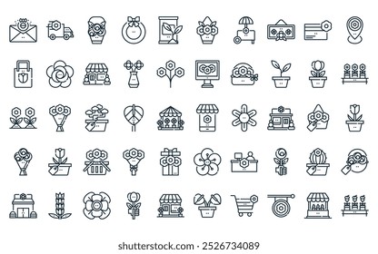 50 linear flower shop icon pack. vector thin line flower shop, delivery, flower basket, decoration, fertilizer, bouquet, market icons suitable for apps and websites ui designs.