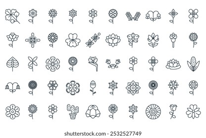 50 linear flowers icon pack. vector thin line tulip, cherry blossom, daffodil, tiger lily, strawberry blossoms, chamomile, lavender icons suitable for apps and websites ui designs.