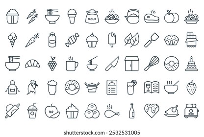 50 linear food icon pack. vector thin line knife, carrots, food, ice cream, flour, asian food, tea pot icons suitable for apps and websites ui designs.