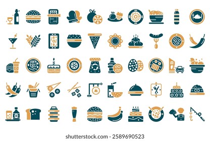 50 linear food icon pack. vector thin line recycling bottles, burguer, sardines, cooking mitts, citrus fruits, and grapes, yusheng icons suitable for apps and websites ui designs.