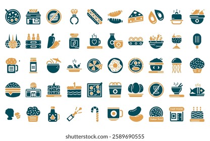 50 linear food icon pack. vector thin line chote donut, candy shop, forbidden burguer, ring pop, hot dog with mustard, sausages, cheese wedge icons suitable for apps and websites ui designs.