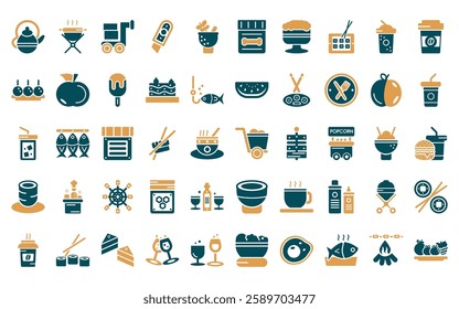 50 linear food icon pack. vector thin line cart graphic, cooking on the, mover, paper knife, herb, treats, japanese rice ball in a bowl icons suitable for apps and websites ui designs.