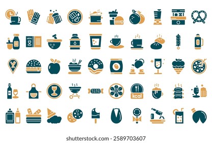 50 linear food icon pack. vector thin line pack, protection gloves, beers, hainanese chicken, stew, junk food, slot icons suitable for apps and websites ui designs.