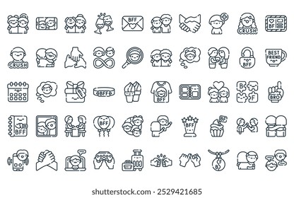 50 linear friendship icon pack. vector thin line tshirt, selfie, friends, cheers, letter, two friends, handshake icons suitable for apps and websites ui designs.
