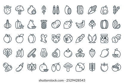 50 linear fruits and vegetables icon pack. vector thin line brussels sprouts, broccoli, pomegranate, asparagus, zucchini, rockmelon, peanut icons suitable for apps and websites ui designs.