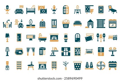 50 linear furniture and household icon pack. vector thin line wc, kitchen table, crib, pillows, desk chair, window, lowboy icons suitable for apps and websites ui designs.