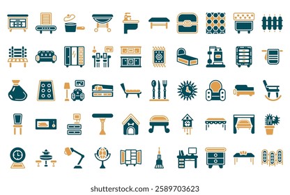 50 linear furniture and household icon pack. vector thin line silverware, dehumidifier, small saucepan, gateleg table, bidet, table, chest icons suitable for apps and websites ui designs.