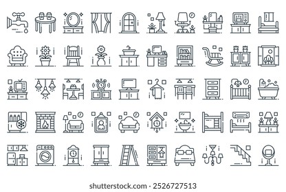 50 linear furniture icon pack. vector thin line hanger, round table, mirror, curtain, door, lamp, office chair icons suitable for apps and websites ui designs.