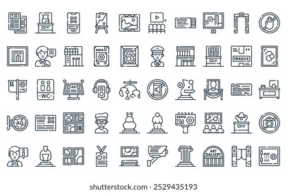 50 paquete de iconos de Galería lineal. línea delgada de Vector sin teléfono móvil, cerámica, boleto en línea, caballete, pintura, audiovisual, iconos de boletos adecuados para App y Sitios web.