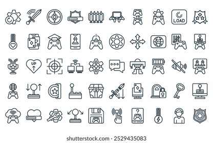 50 linear game icon pack. vector thin line chat, sword, compass, shield, ammo, two players, controller icons suitable for apps and websites ui designs.