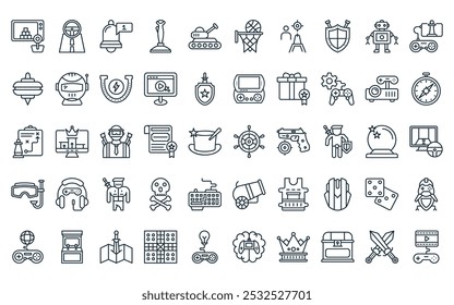 50 paquete de iconos de juegos lineales. Vector de rueda de barco de línea delgada, carrera, notificación, controlador de juego, tanque, baloncesto, matar iconos adecuados para App y Sitios web.