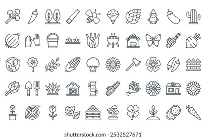 50 linear gardening icon pack. vector thin line daisies, chili, cypress, handsaw, bee, cauliflower, artichoke icons suitable for apps and websites ui designs.