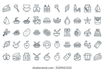 50 lineare Gastronomie-Ikonenpaket. Vektor dünne Linie Suppenschüssel, , Schüsseln, Toaster, Saucen, Lollipop, Eis Kegel Icons geeignet für Apps und Websites ui Designs.