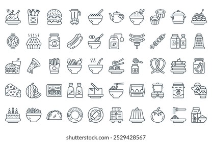 50 linear gastronomy icon pack. vector thin line sushi, groceries, hamburger, blender, cereals, teapot, rice icons suitable for apps and websites ui designs.