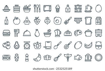 50 linear gastronomy icon pack. vector thin line blender, cake, bowl, cutlery, microwave, ice cream, oil icons suitable for apps and websites ui designs.