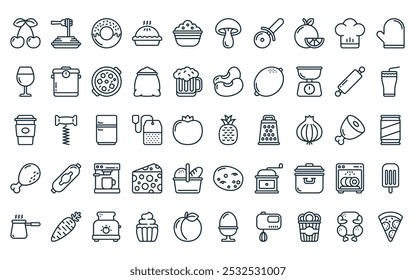 50 linear gastronomy icon pack. vector thin line pine, pasta, donut, pie, bowl, mushroom, pizza cutter icons suitable for apps and websites ui designs.