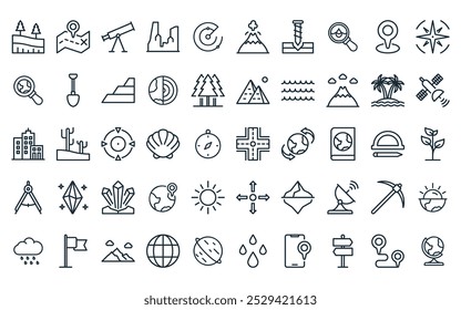 50 linear geography icon pack. vector thin line crossroad, destination, telescope, canyon, radar, volcano, drilling icons suitable for apps and websites ui designs.