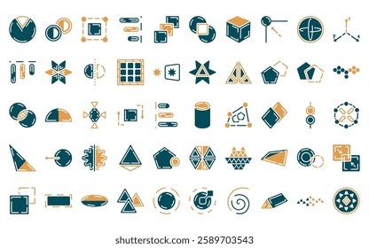 50 linear geometry icon pack. vector thin line cylinder, flatten, bounding box, right alignment, row, exclude, side to side of a cube icons suitable for apps and websites ui designs.