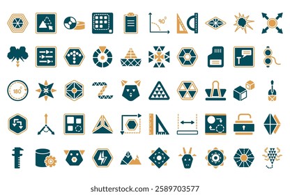 50 linear geometry icon pack. vector thin line multiple triangles triangle, copy, disk, ungroup, paste clipboard, angle,   icons suitable for apps and websites ui designs.